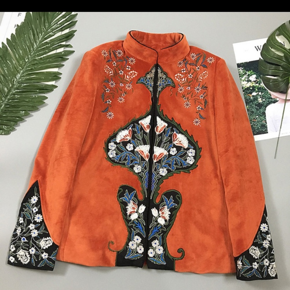 Velveteen Orange Embroidered Jacket Mandarin Style